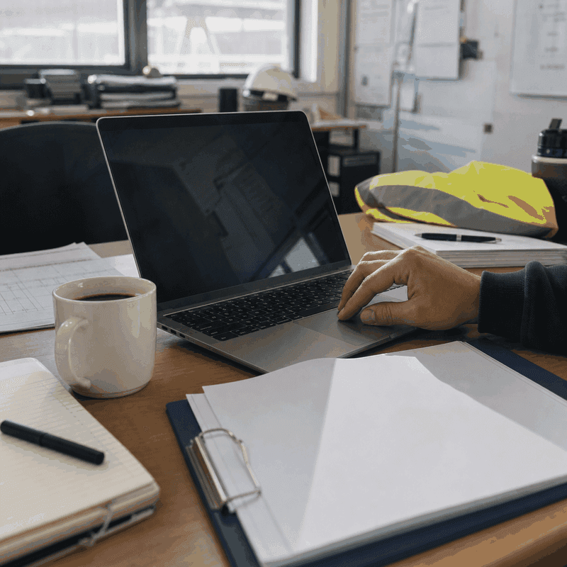 A worker uses a laptop at a site office desk with an open claim folder, notebook and hi-vis vest beside them.