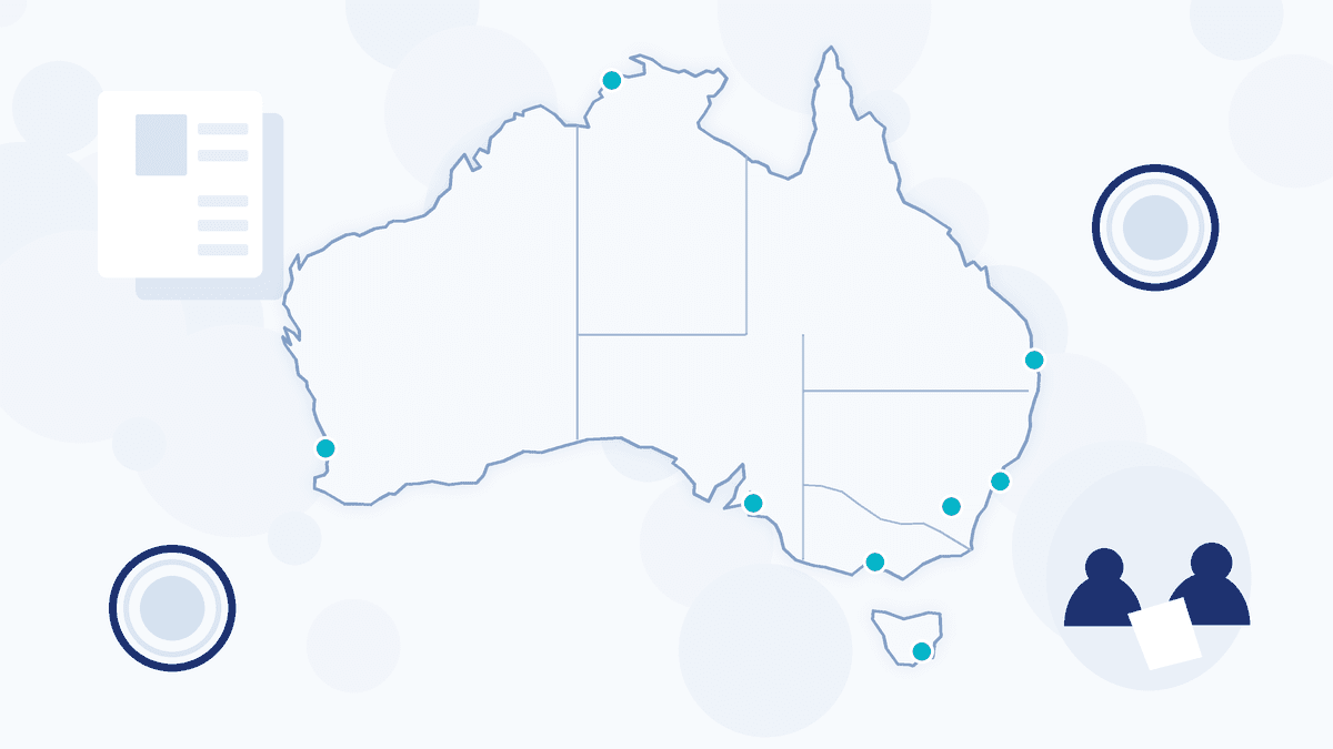 A stylised map of Australia with teal markers on each capital city, showing national workers compensation scheme coverage.