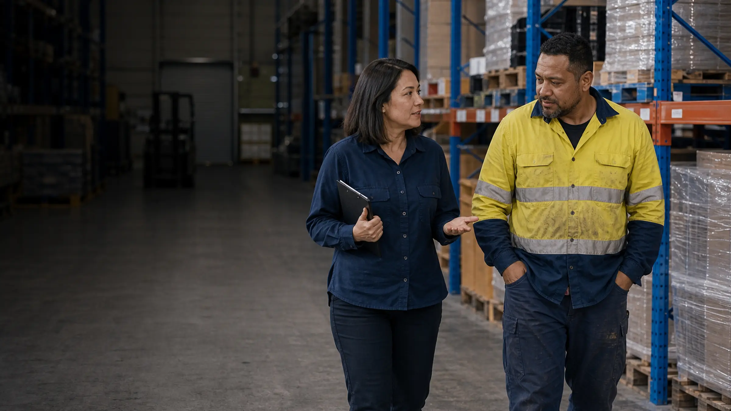 An adviser walks through a warehouse with a worker in hi-vis, talking as they go down the aisle.