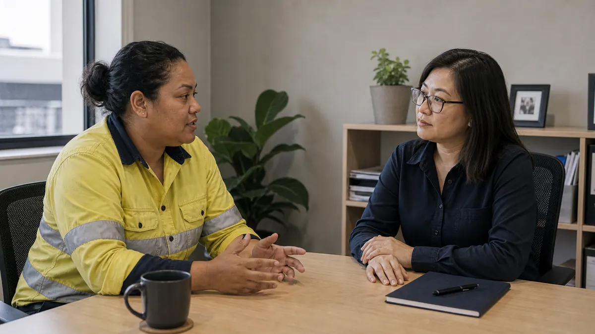 A worker in a hi-vis shirt talks with an adviser across a table in a calm office, the adviser listening closely.