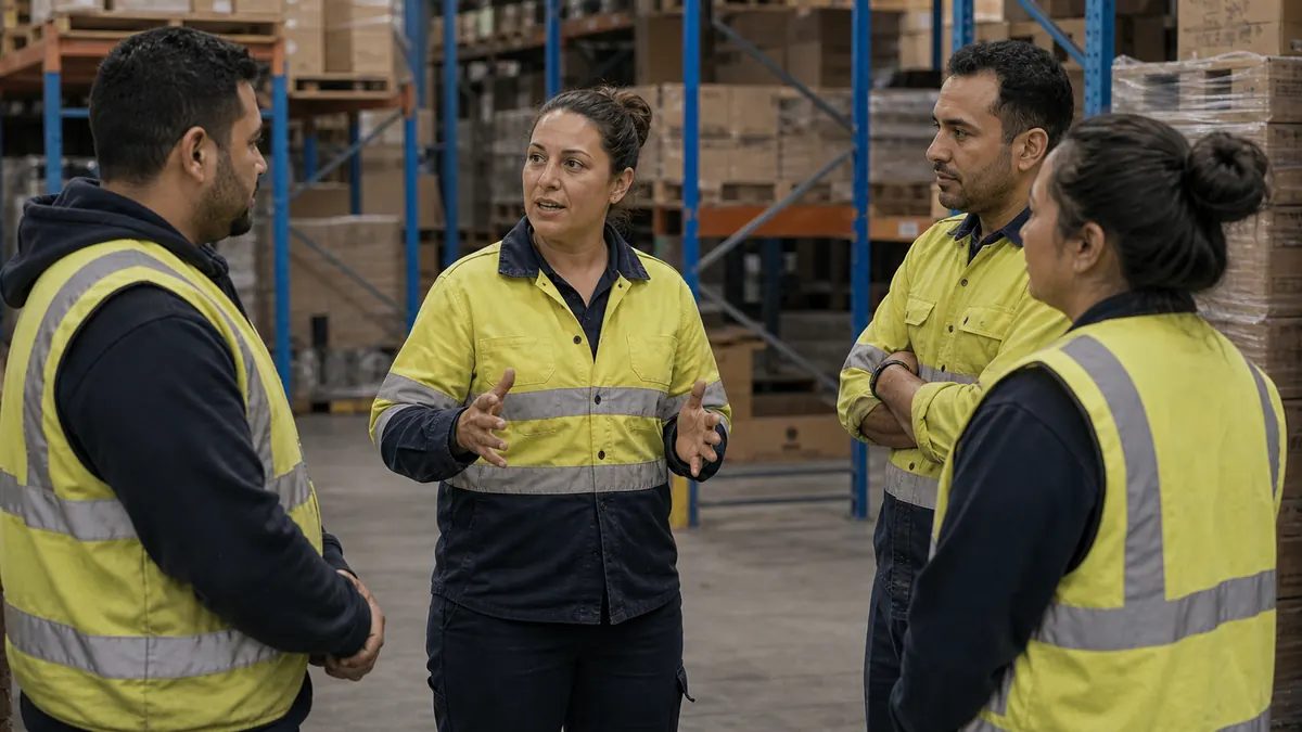 A supervisor leads a small toolbox talk with three workers in hi-vis on the warehouse floor, everyone listening.