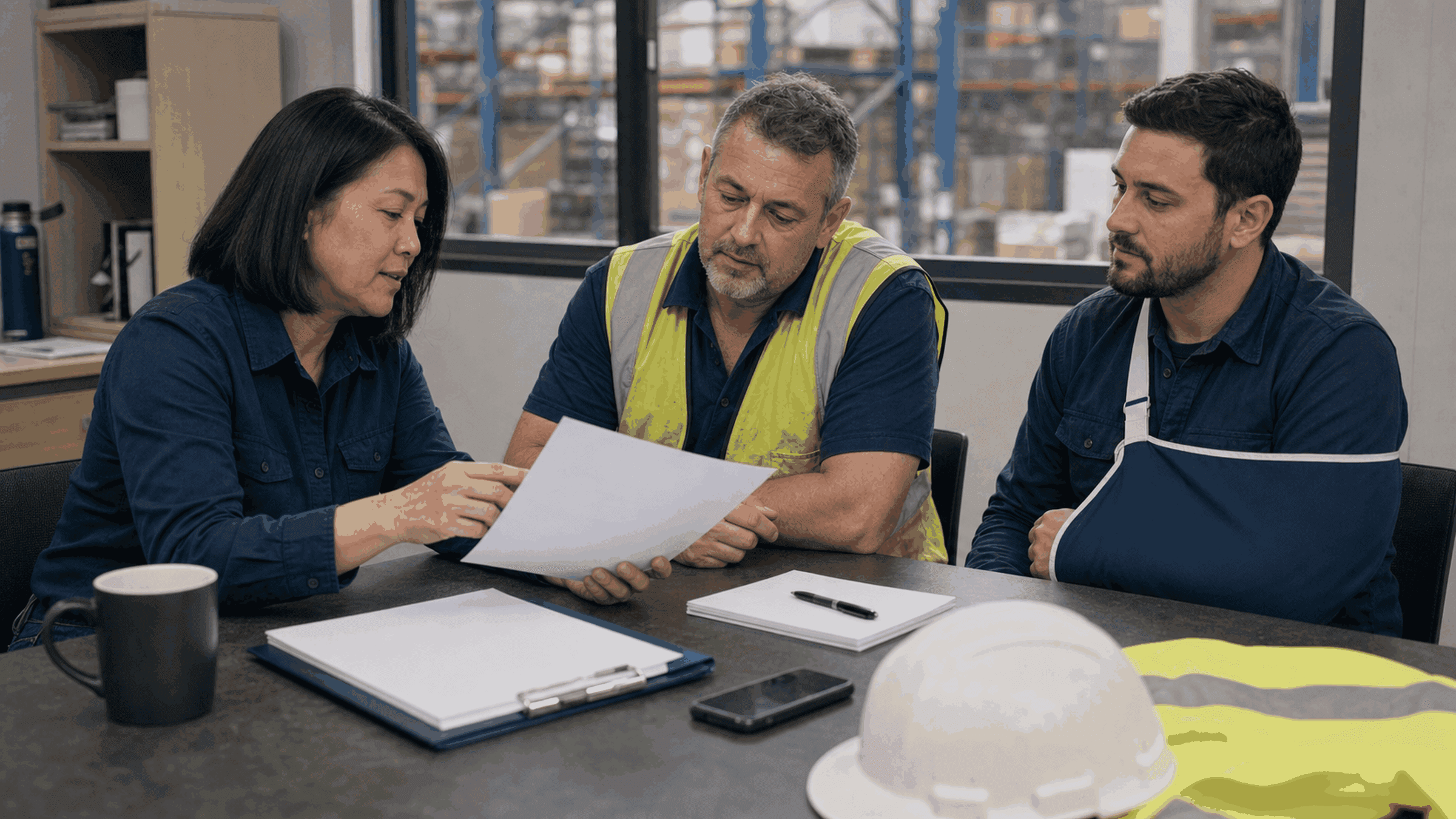 Three people review a claim document together at a site office table, one with his arm in a sling, with a hard hat and hi-vis vest beside them.
