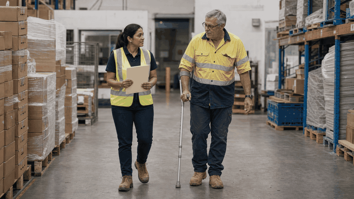 An adviser carries a claim file and walks beside a worker using a forearm crutch down a warehouse aisle as they talk.