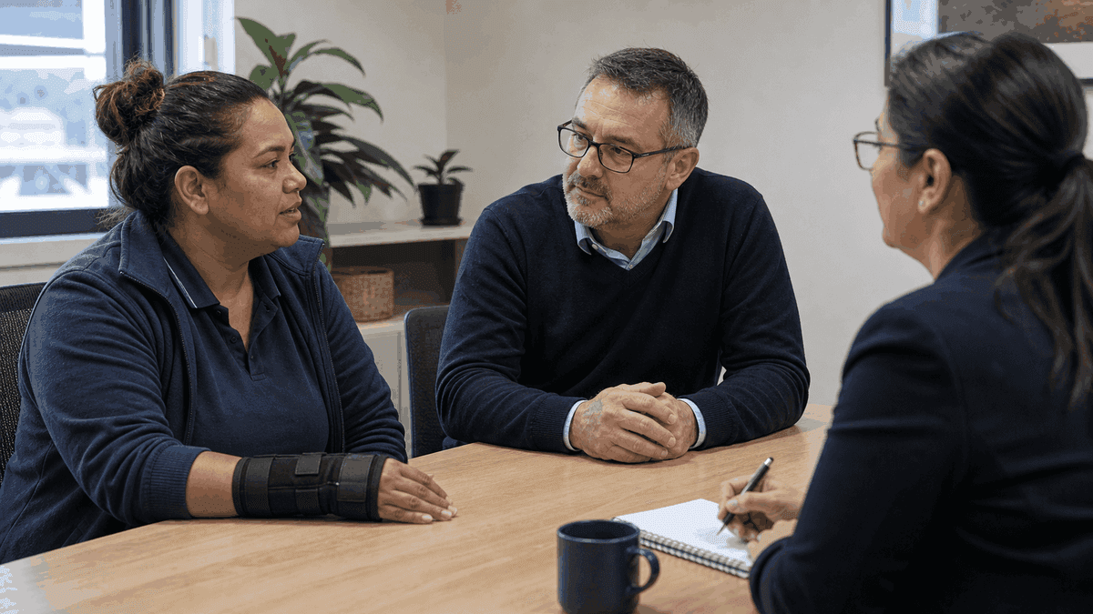 A worker wearing a wrist brace talks with two advisers in a calm room while one takes notes.
