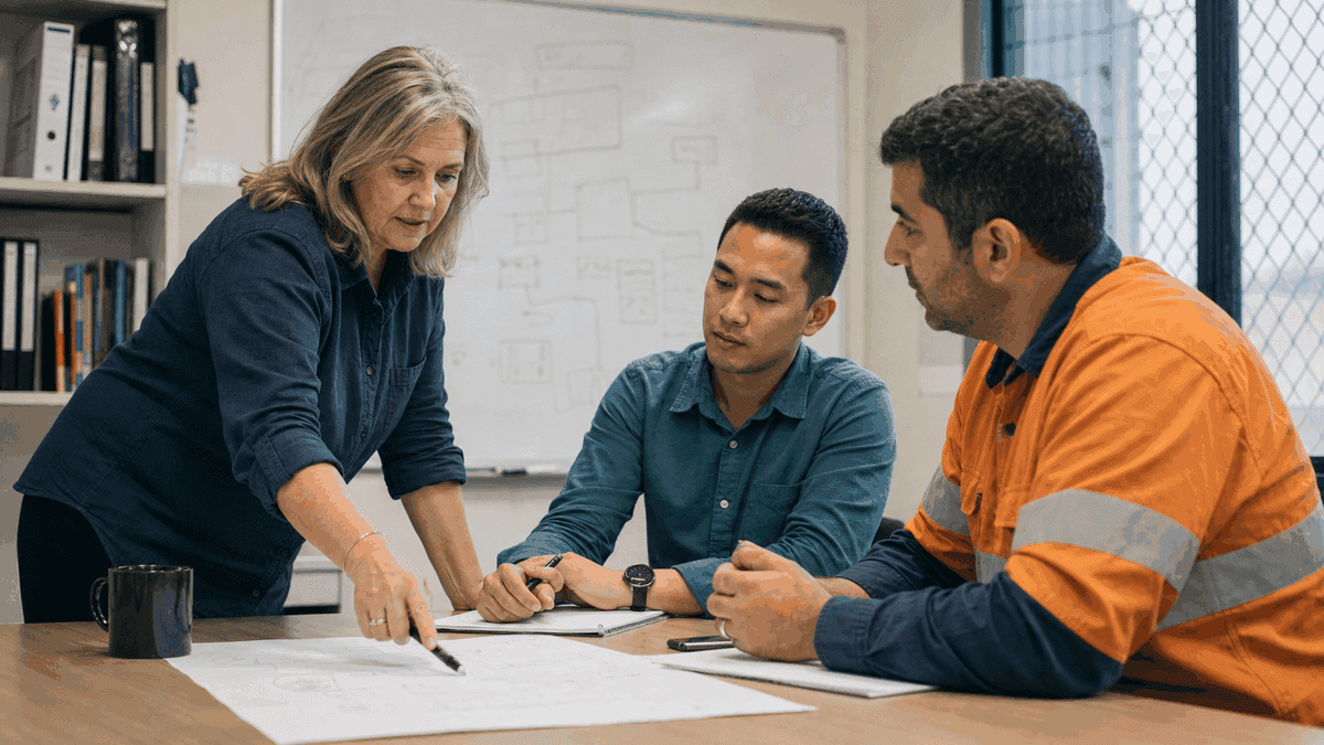 A consultant stands and talks two workers through a plan at a table, with a process flow diagram on the whiteboard behind.