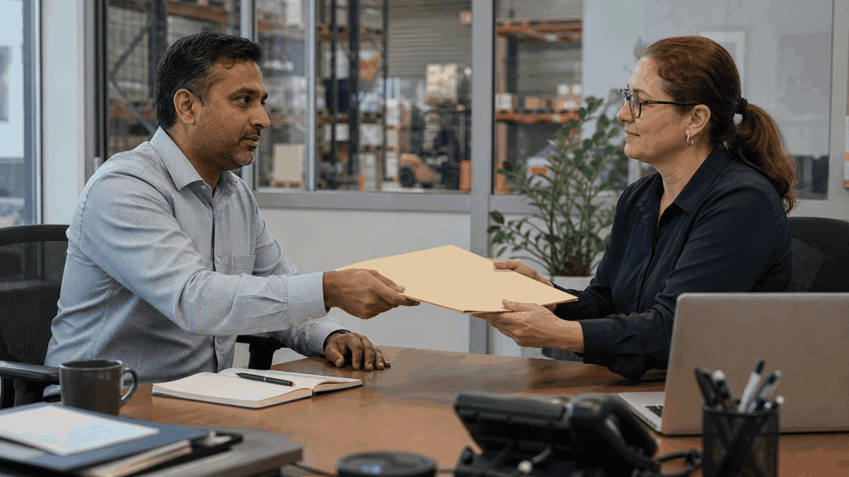 A broker passes a claim file across a desk to a consultant in an office overlooking a warehouse.