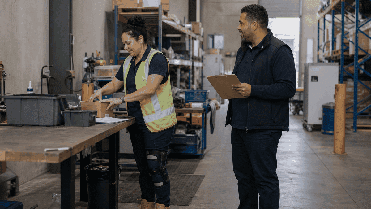 A worker wearing a knee brace does light duties at a workbench while a colleague with a clipboard checks in, in a warehouse.