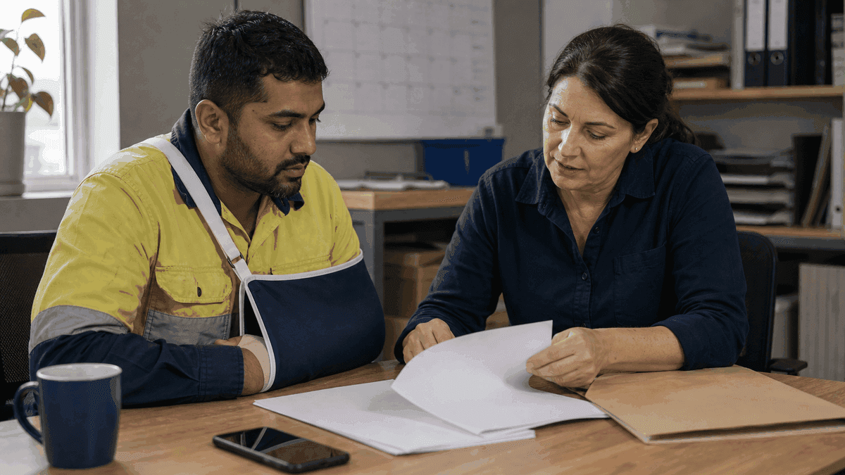 A worker with his arm in a sling reviews stalled claim paperwork with an adviser at a desk, a calendar on the wall behind.