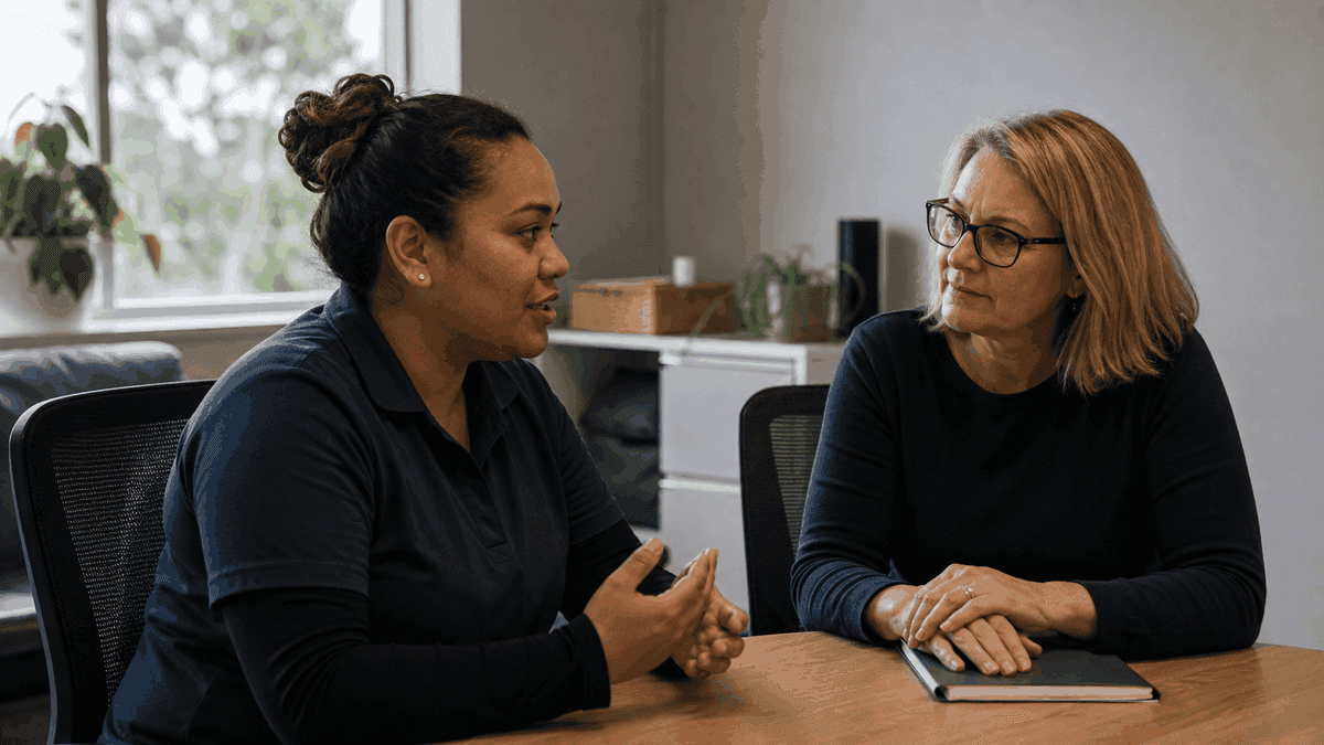 Two women sit and talk at a table in a calm room, one listening with a notebook as the other speaks.