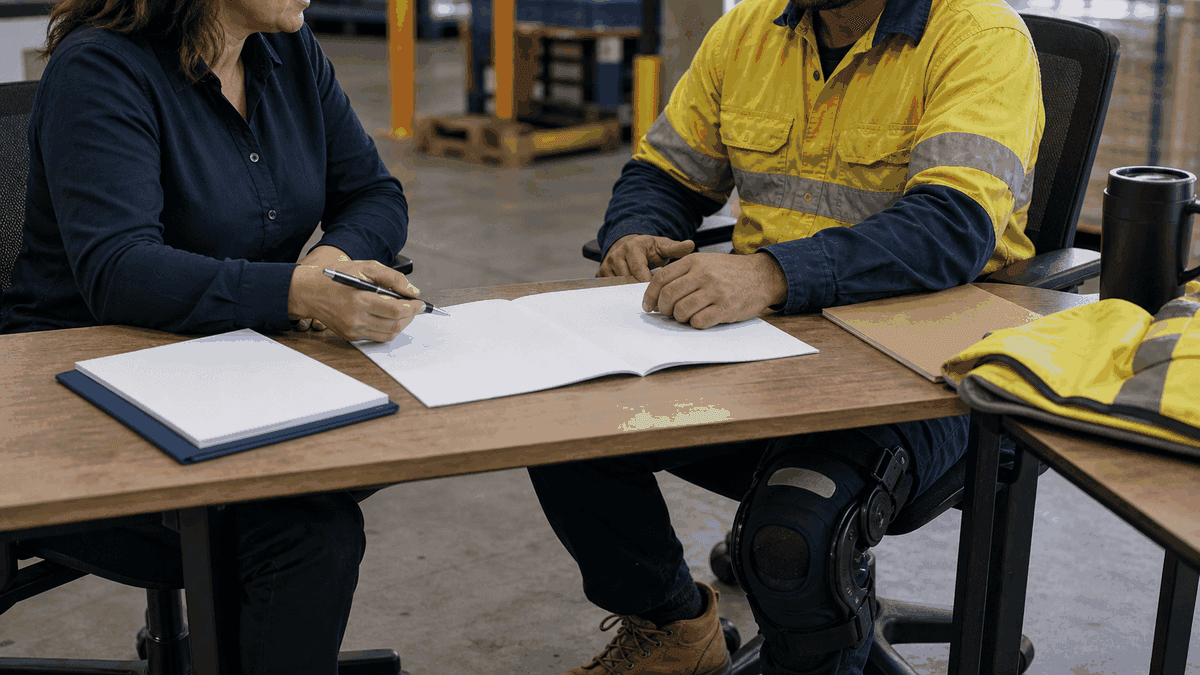 An adviser and a worker wearing a knee brace fill out a return to work plan together at a table in a warehouse.