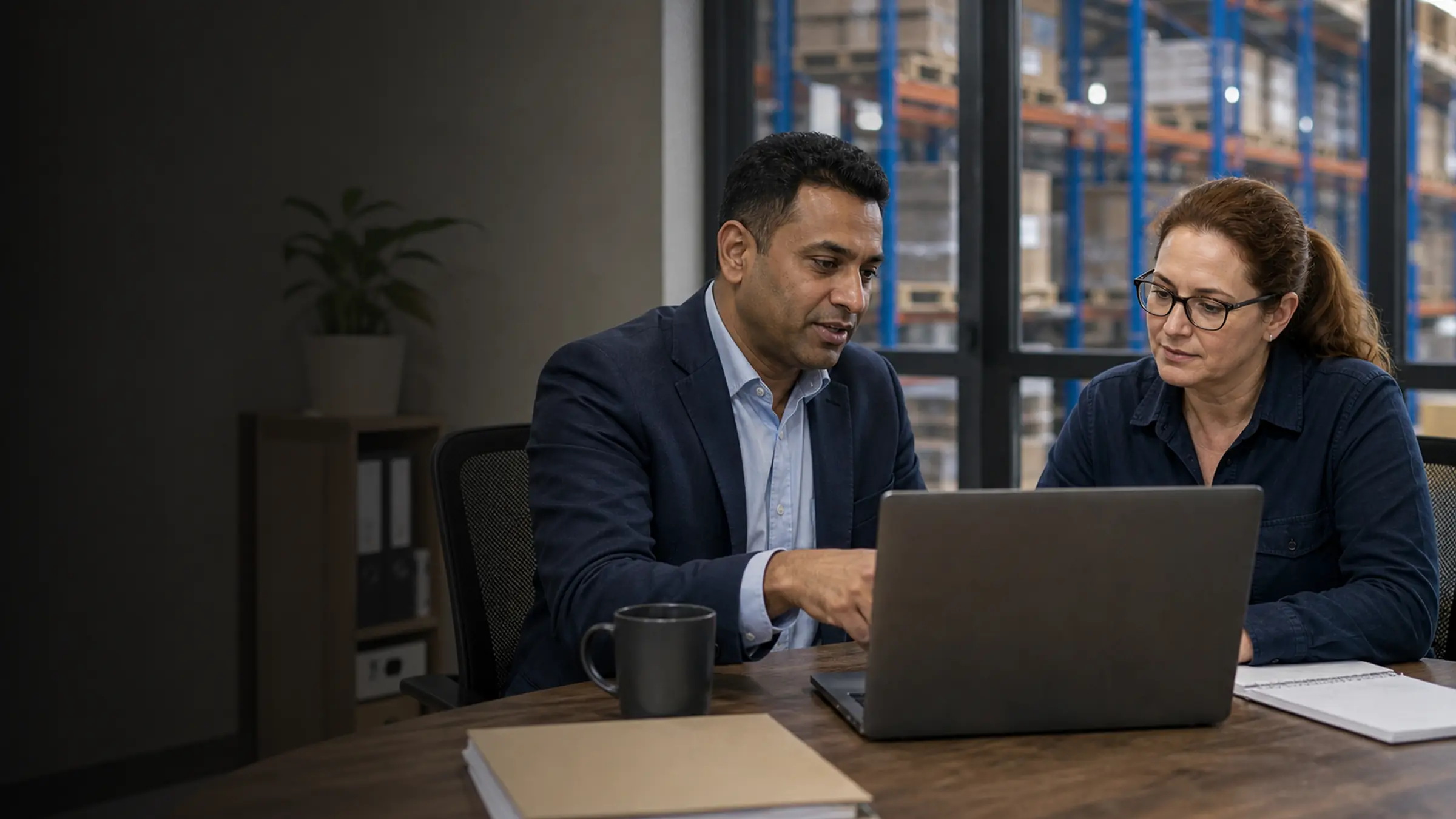 A broker and an injury management consultant work through a claim on a laptop at a desk, a warehouse behind the glass.