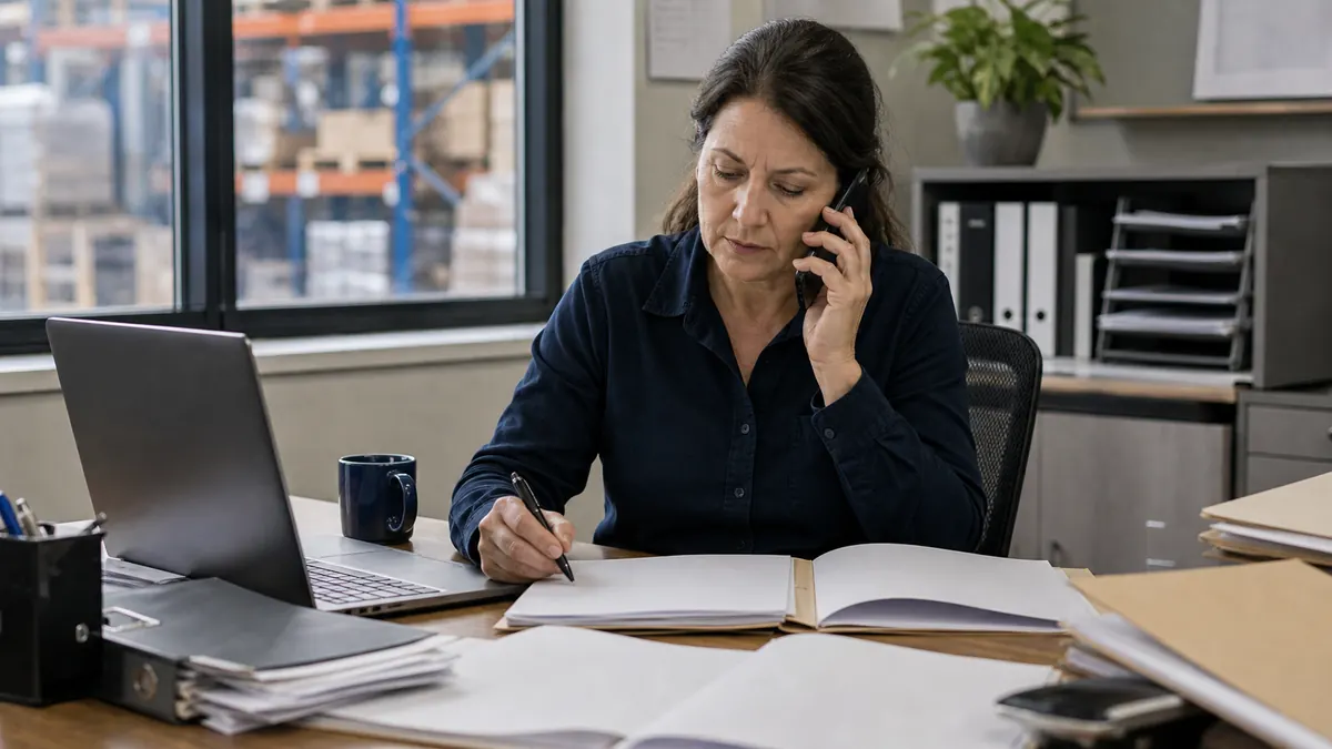 An adviser works a difficult claim at her desk, on the phone and taking notes among several open files and folders.
