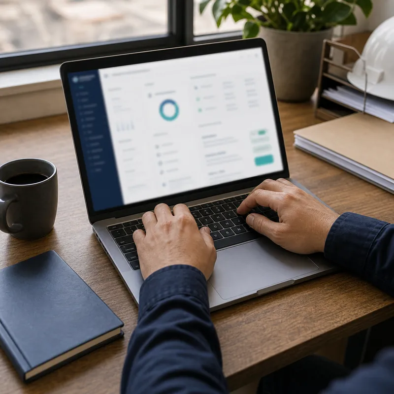 Hands type on a laptop showing a claims dashboard, with a coffee, notebook and hard hat on the desk.