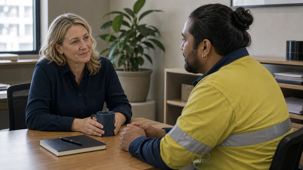 An adviser listens to a worker in a hi-vis shirt during a calm one-to-one conversation at a table, a notebook between them.