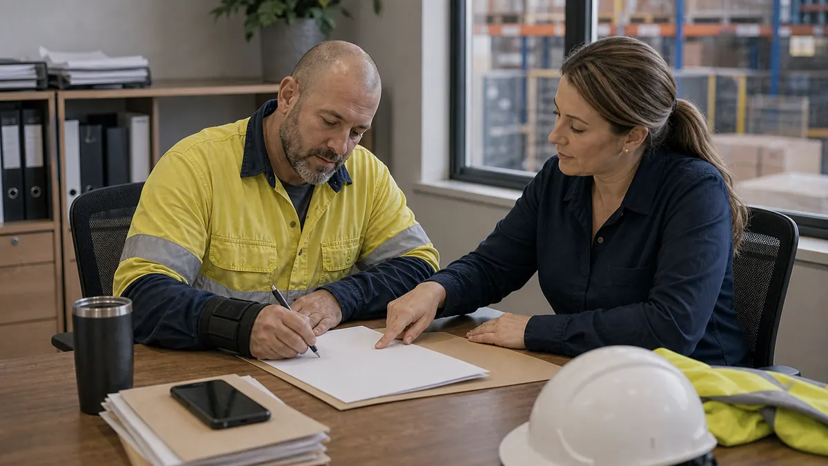 A worker in a yellow hi-vis shirt signs a return to work plan at a desk while an adviser points to the page, a hard hat beside them.